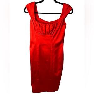 David Meister Red Satin Midi Cocktail Dress Size 2